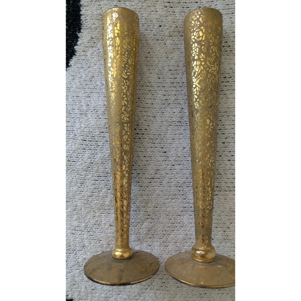 Ransgil Crystal Vintage 22k Gold Encrusted Floral Bud‎ Vases Set 2 MCM 8.5 inch
